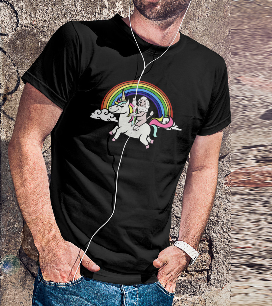 Poodle Riding Unicorn Under Rainbow Clouds T-Shirt