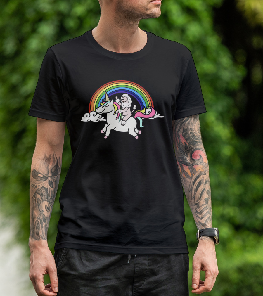 Poodle Riding Unicorn Under Rainbow Clouds T-Shirt