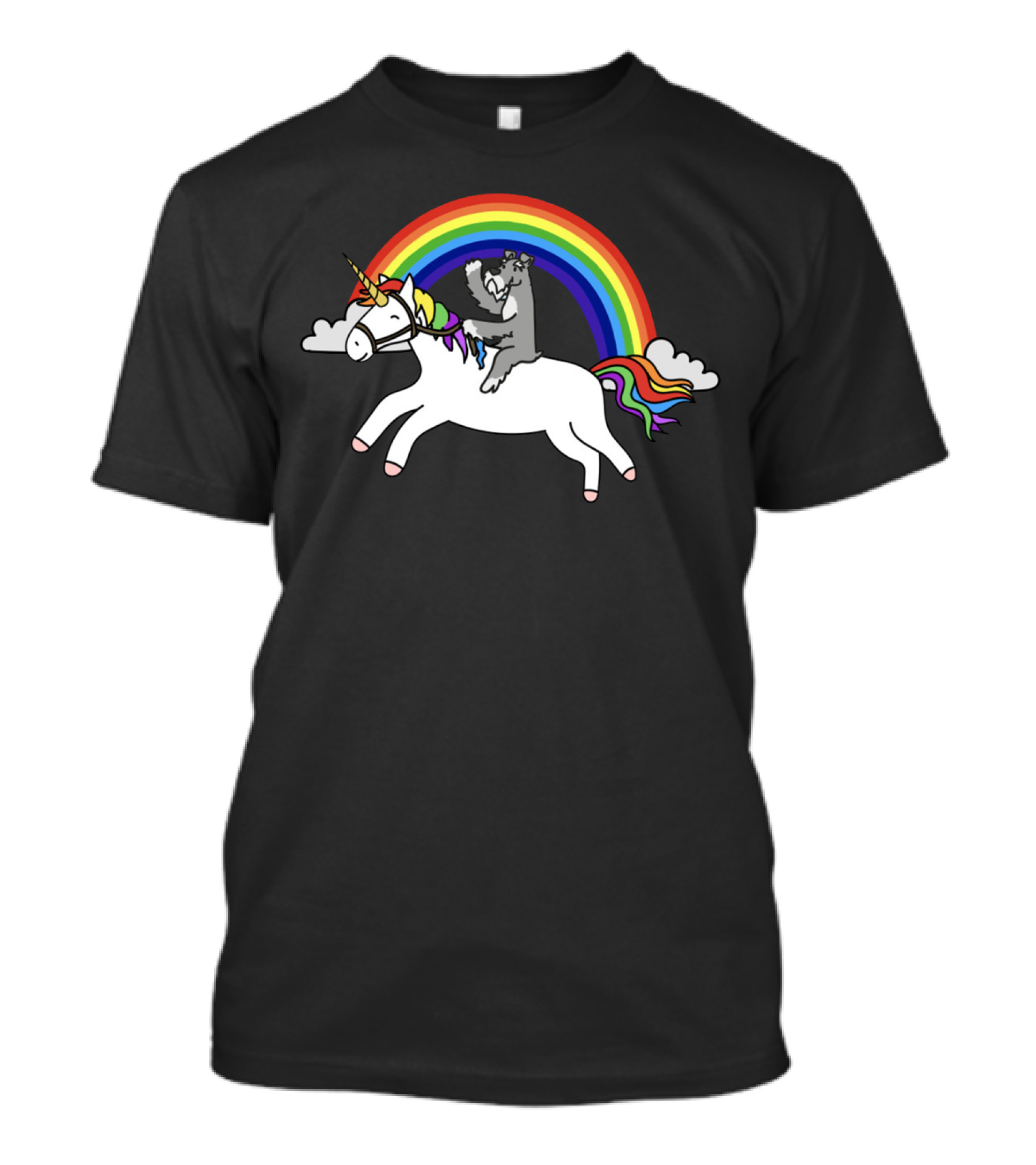 Schnauzer Riding Unicorn Under Rainbow With Clouds T-Shirt