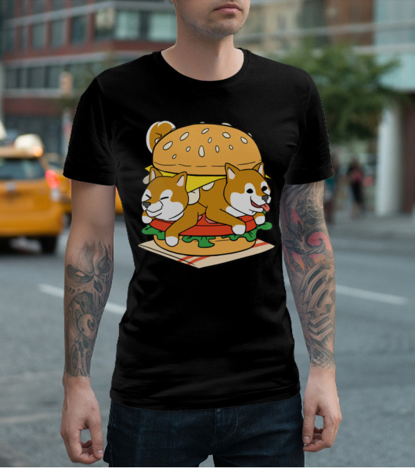 Shiba Inu Hamburger Parody With Cute Dog Duo Inside Cheeseburger Bun T-Shirt