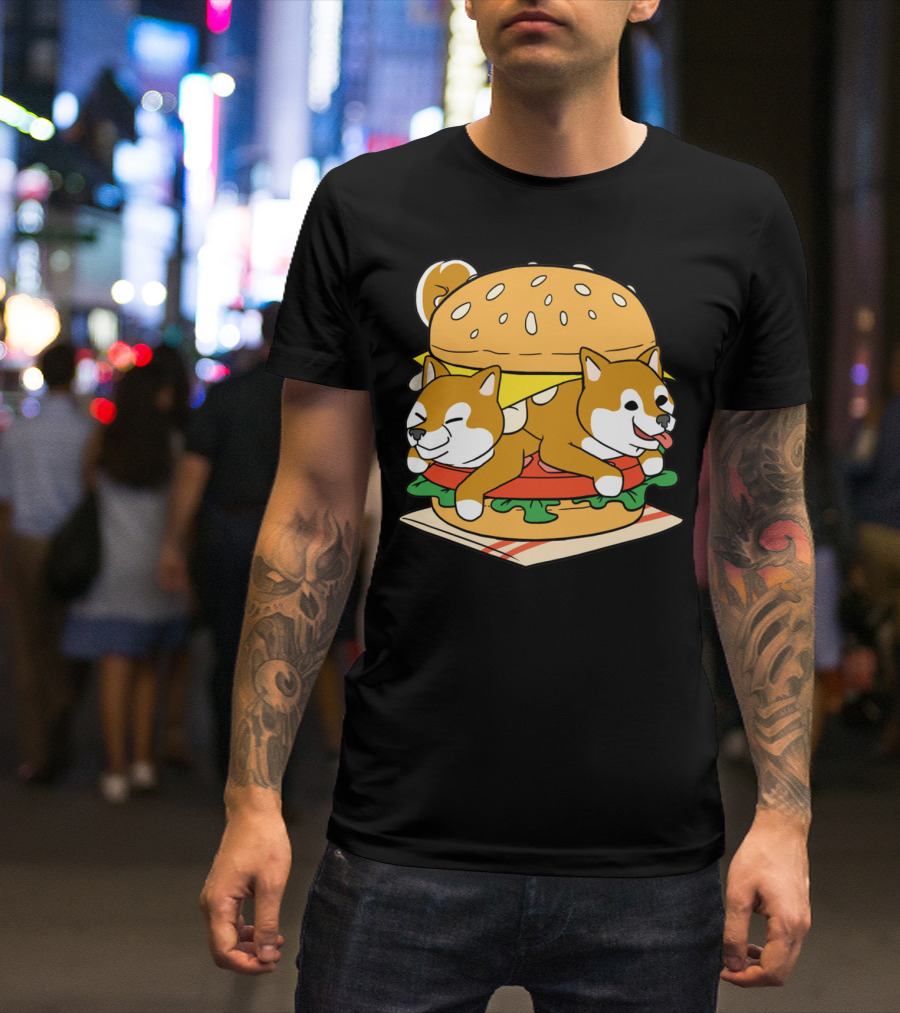 Shiba Inu Hamburger Parody With Cute Dog Duo Inside Cheeseburger Bun T-Shirt