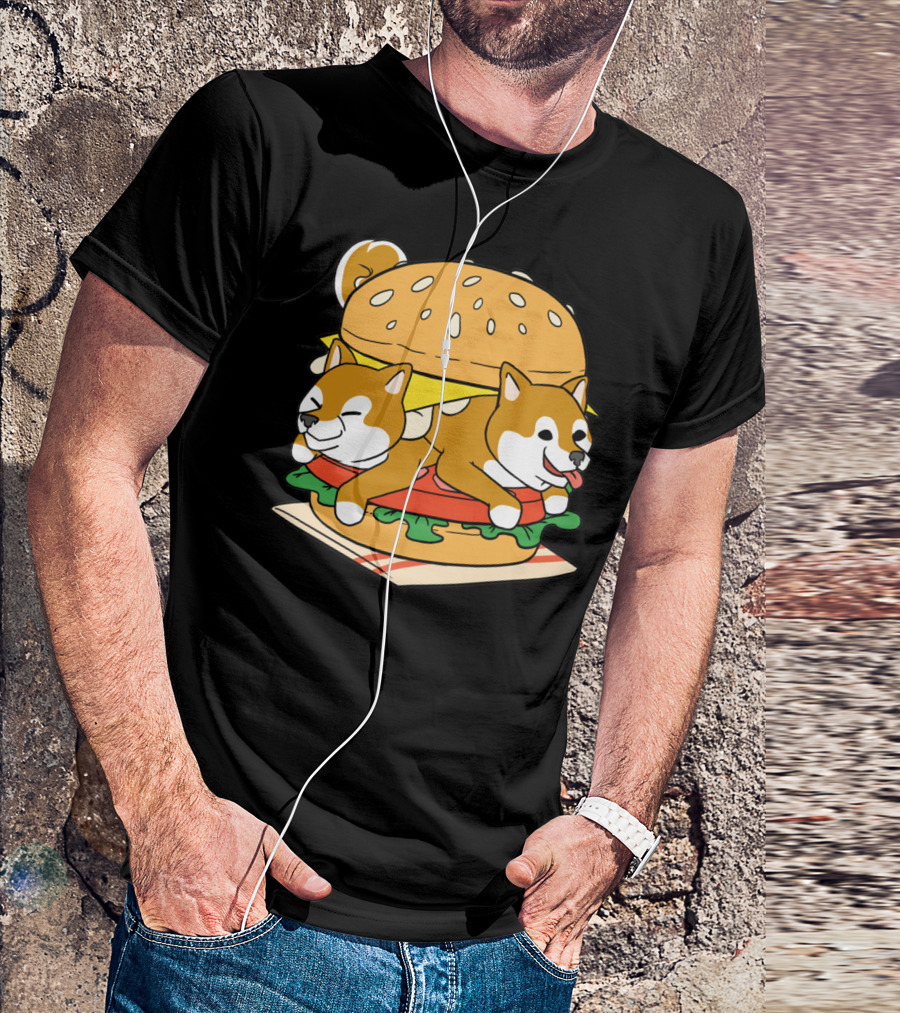 Shiba Inu Hamburger Parody With Cute Dog Duo Inside Cheeseburger Bun T-Shirt