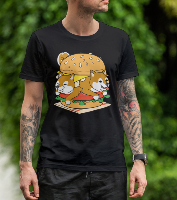Shiba Inu Hamburger Parody With Cute Dog Duo Inside Cheeseburger Bun T-Shirt