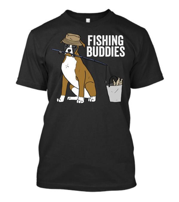 Boxer Dog Fishing Buddies Cartoon With Hat And Fishing Rod T-Shirt