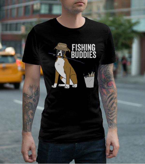 Boxer Dog Fishing Buddies Cartoon With Hat And Fishing Rod T-Shirt