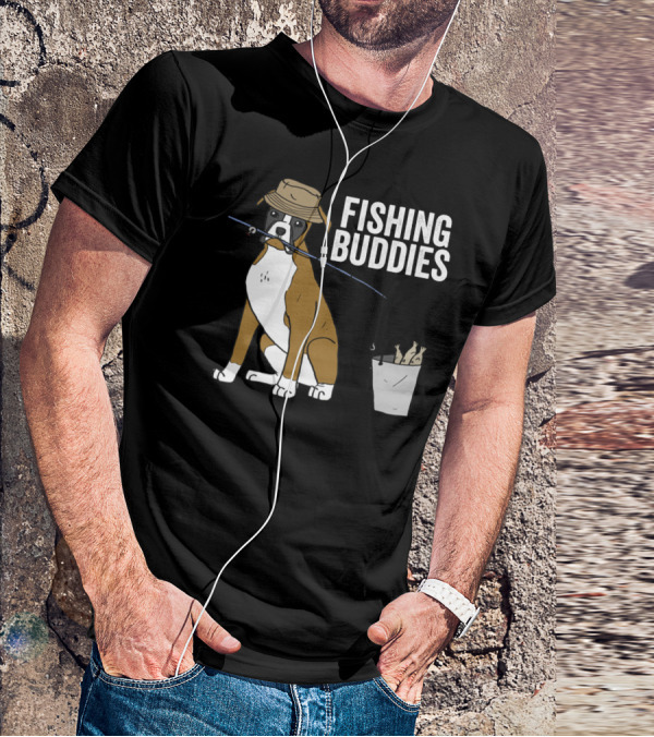 Boxer Dog Fishing Buddies Cartoon With Hat And Fishing Rod T-Shirt