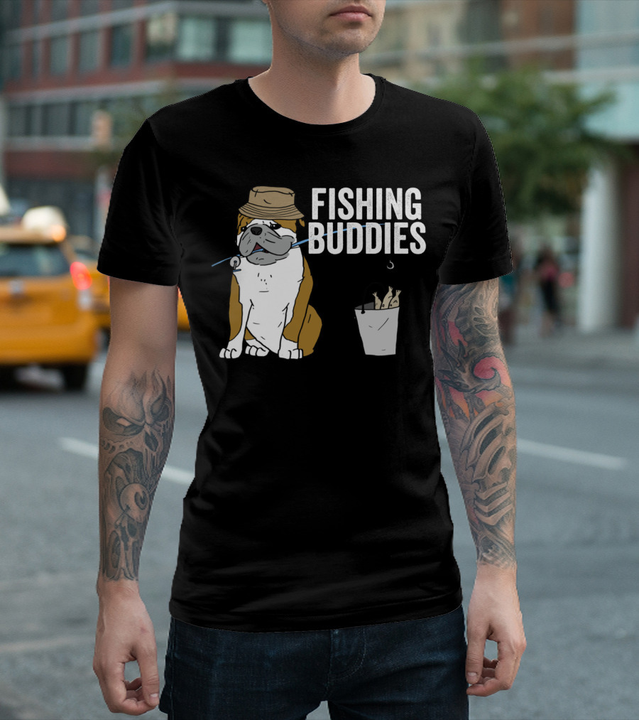 Bulldog Wearing Hat with Fishing Hook and Bucket - Fun Fishing Buddies T-Shirt