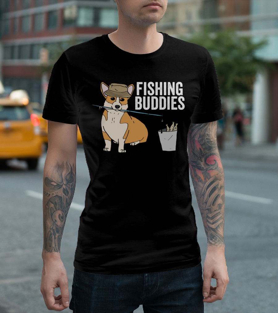 Fishing Buddies Corgi with Fishing Rod and Bucket of Fish T-Shirt