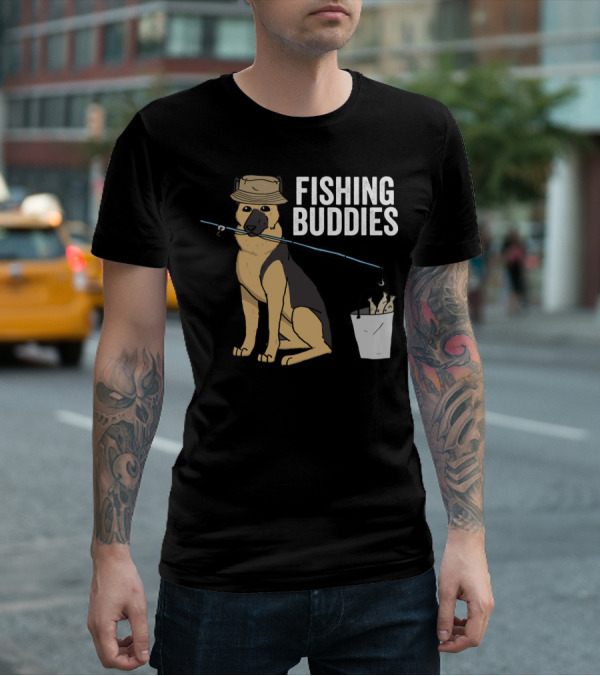 Fishing Buddies German Shepherd Bucket And Fishing Rod T-Shirt