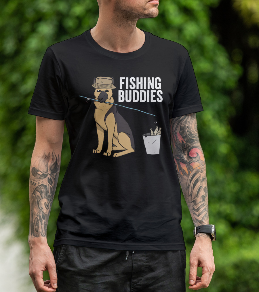 Fishing Buddies German Shepherd Bucket And Fishing Rod T-Shirt