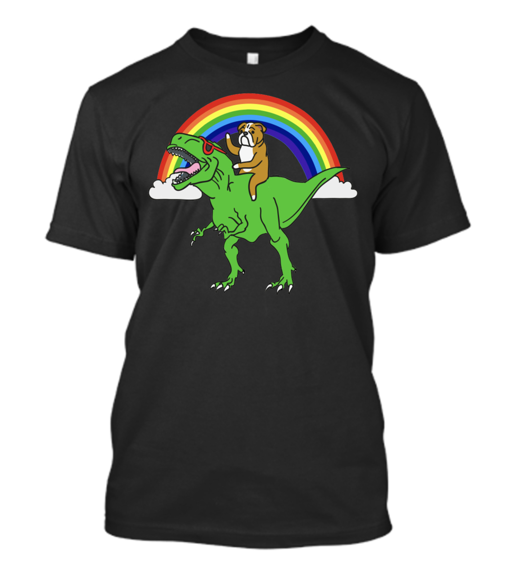 Bulldog Riding T-Rex With Rainbow And Sunglasses T-Shirt