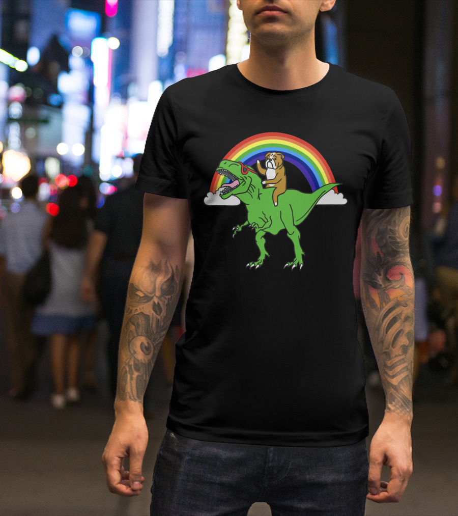 Bulldog Riding T-Rex With Rainbow And Sunglasses T-Shirt