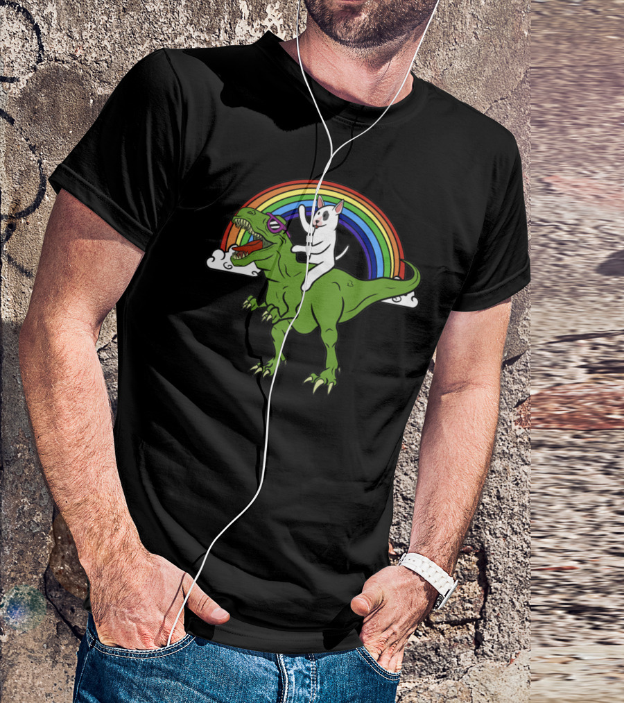 Bully Dinosaur Cat Riding T-Rex Rainbow Adventure T-Shirt