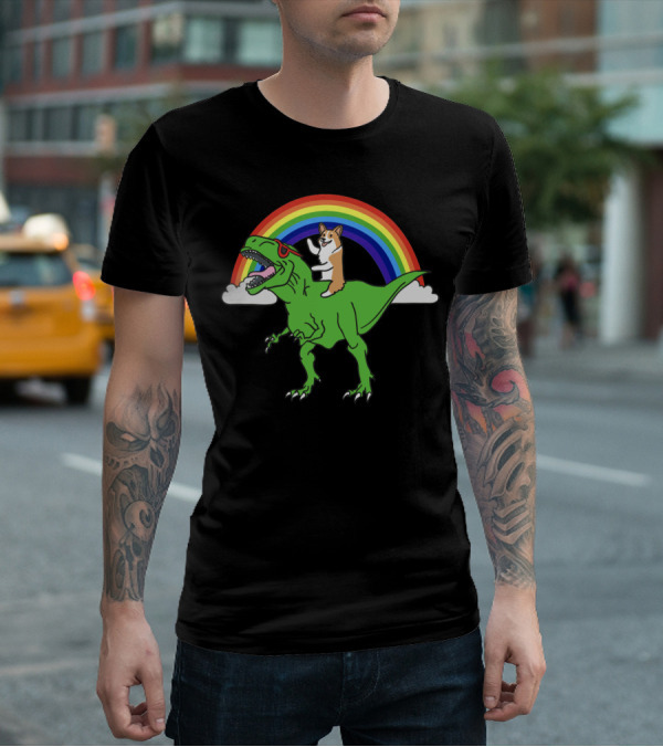 Corgi Dinosaur Riding T-Rex With Rainbow And Sunglasses T-Shirt