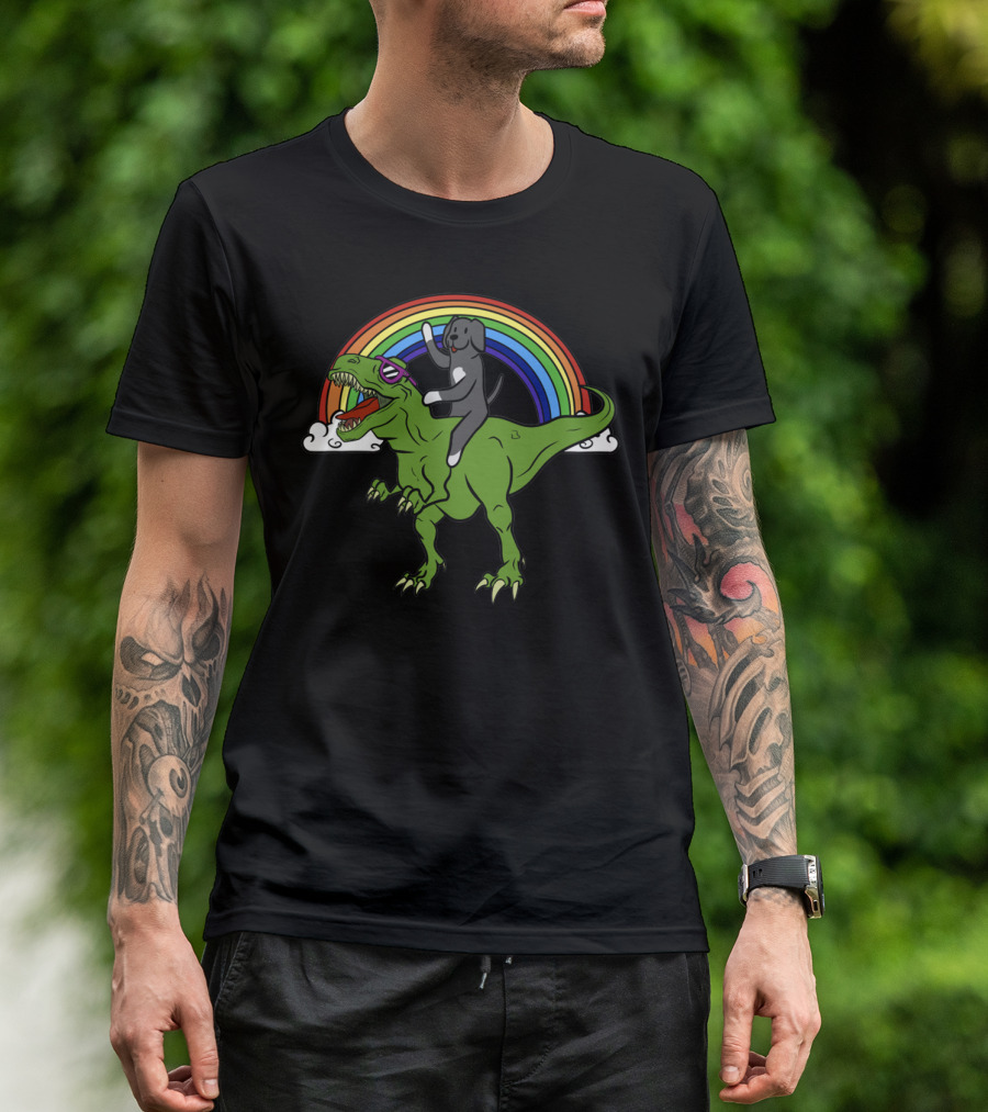 Great Dane Riding Dinosaur T-Rex With Rainbow Glasses T-Shirt