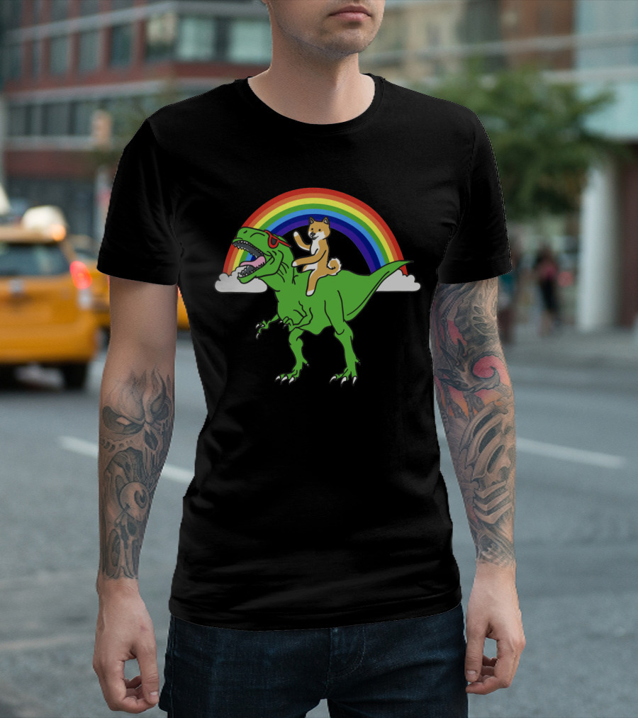 Shiba Inu Riding T-Rex with Sunglasses and Rainbow Background T-Shirt