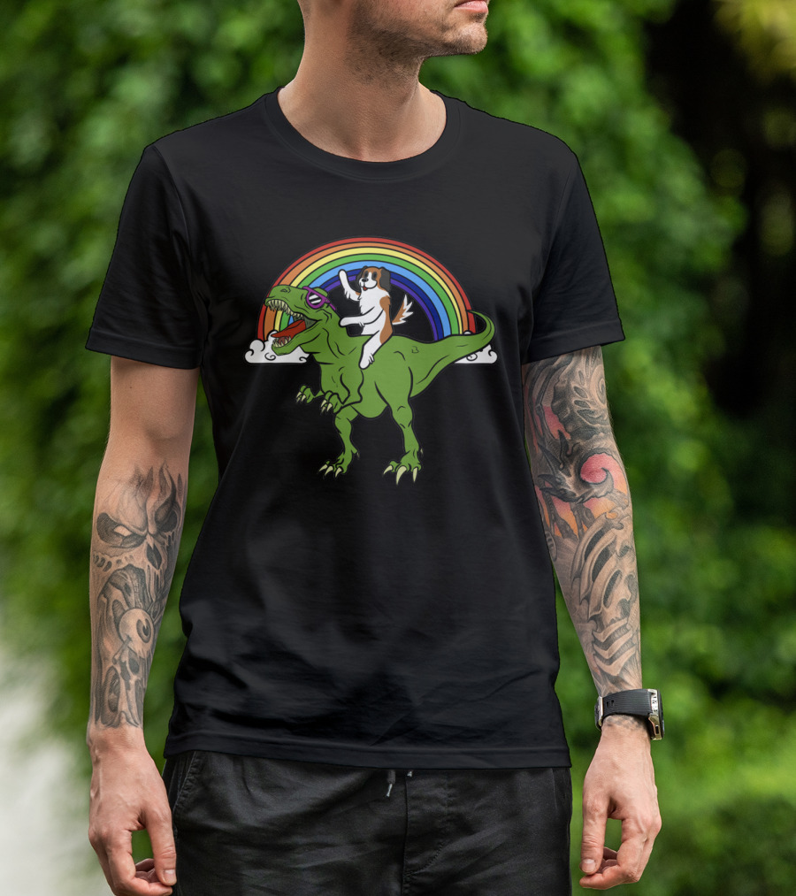 St Bernard Riding Dinosaur With Rainbow Glasses T-Shirt