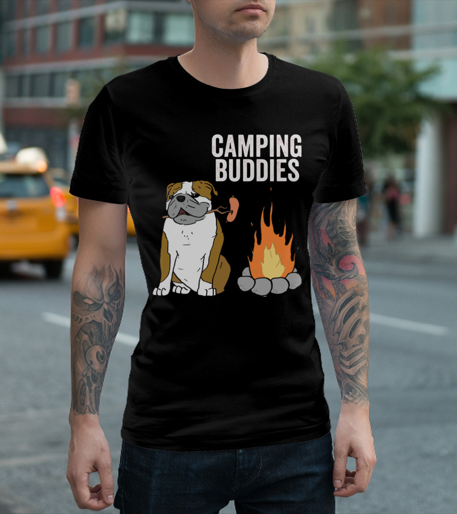 Bulldog Enjoying Campfire with Sausage and Camping Buddies T-Shirt