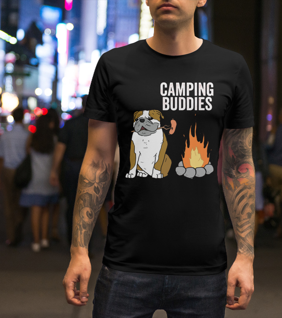 Bulldog Enjoying Campfire With Sausage And Camping Buddies T-Shirt