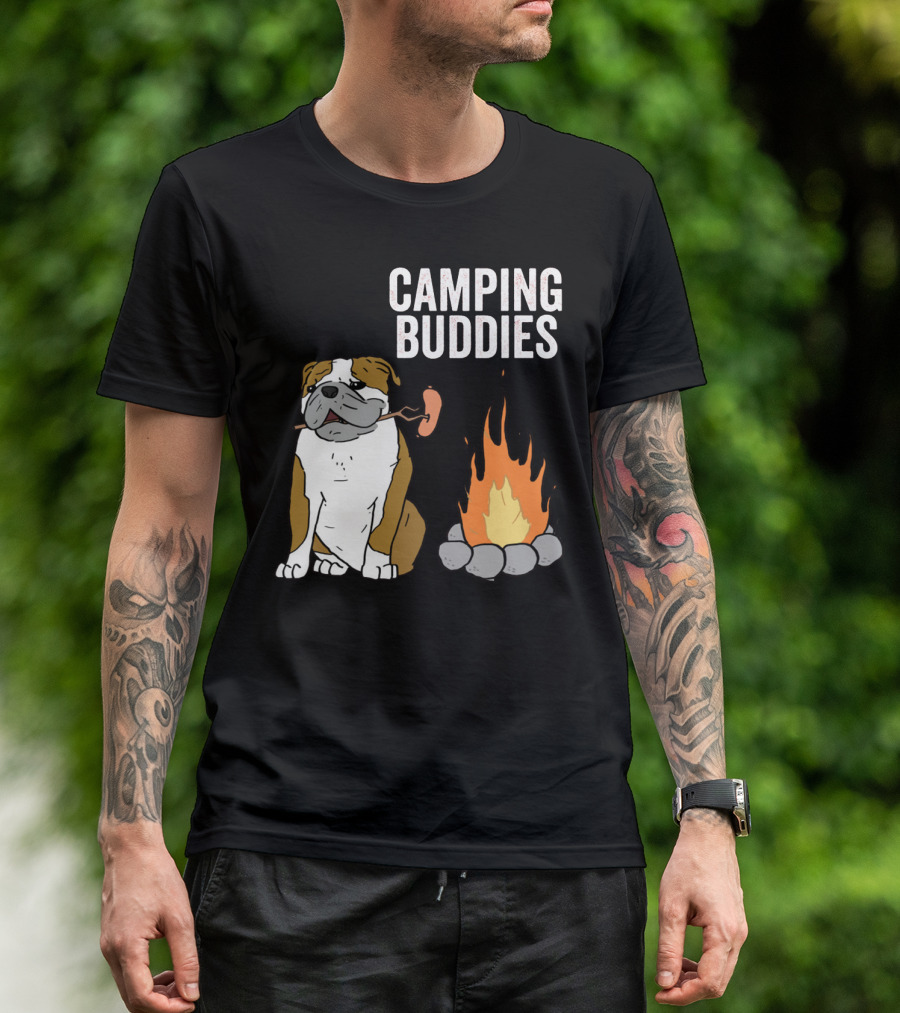 Bulldog Enjoying Campfire With Sausage And Camping Buddies T-Shirt
