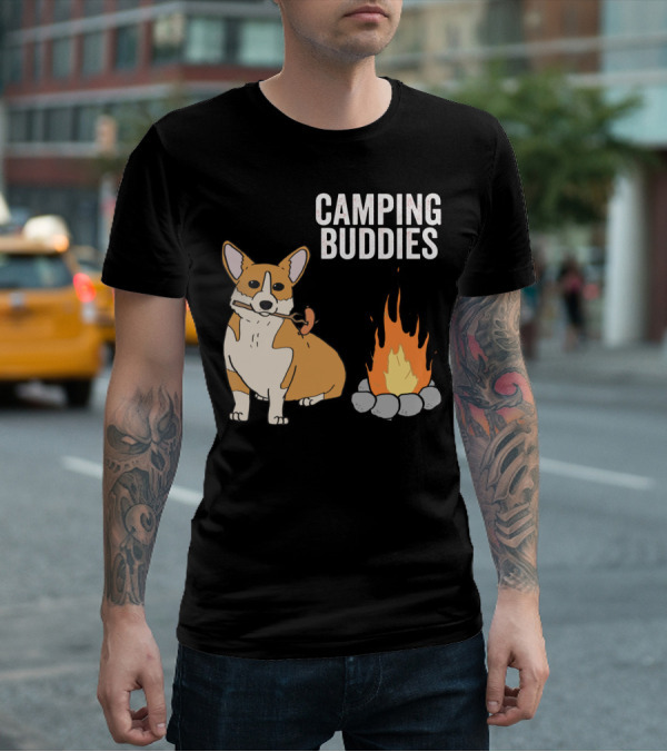 Corgi Roasting Marshmallow By Campfire - Camping Buddies Adventure T-Shirt