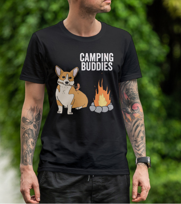 Corgi Roasting Marshmallow By Campfire - Camping Buddies Adventure T-Shirt