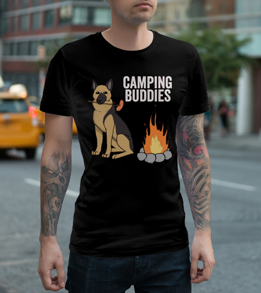 Camping Buddies German Shepherd Roasting by Campfire T-Shirt