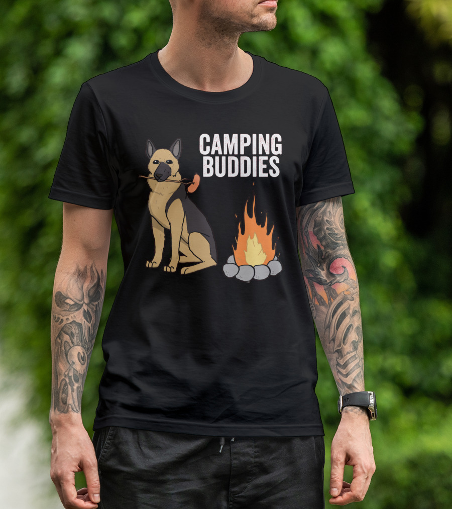 Camping Buddies German Shepherd Roasting By Campfire T-Shirt