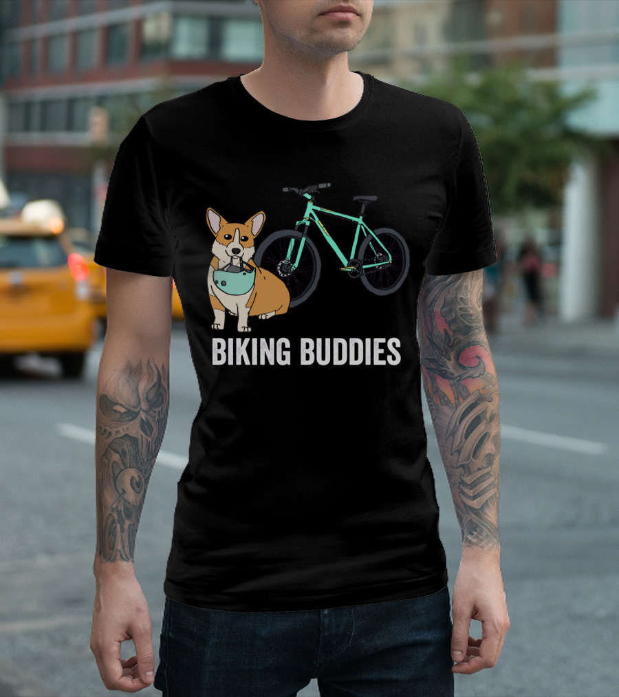 Corgi Biking Buddies with Bicycle Helmet and Mountain Bike T-Shirt