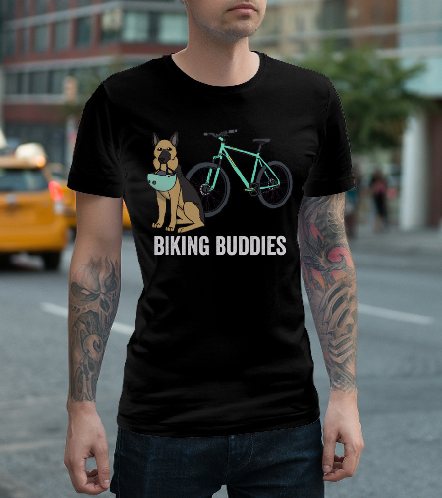 Biking Buddies German Shepherd with Bicycle Helmet and Bike T-Shirt