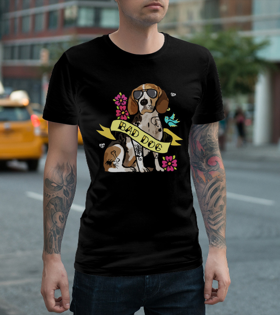 BAD DOG BEAGLE WITH SUNGLASSES AND TATTOOS SURROUNDED BY FLOWERS AND BIRD T-Shirt
