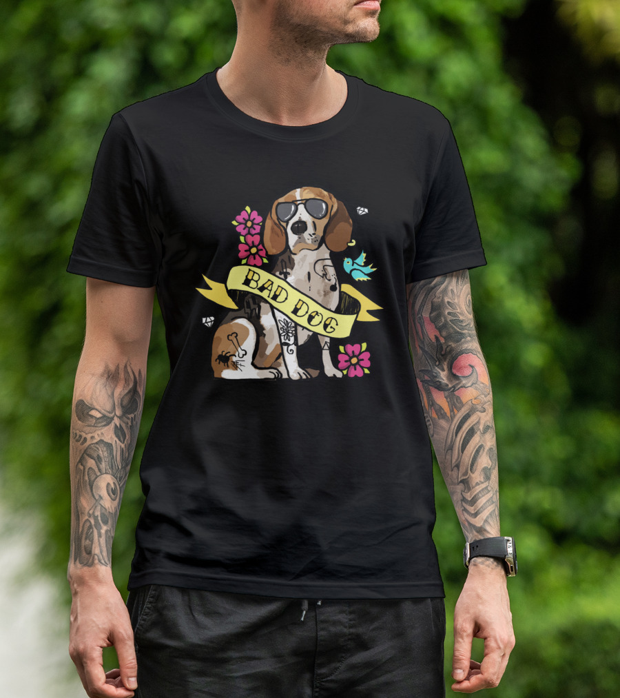 BAD DOG BEAGLE WITH SUNGLASSES AND TATTOOS SURROUNDED BY FLOWERS AND BIRD T-Shirt