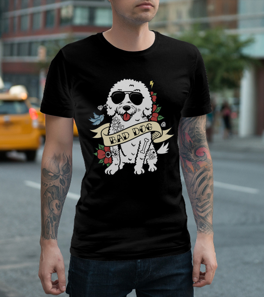 Bichon Frise Bad Dog with Sunglasses Tattoo and Flowers T-Shirt
