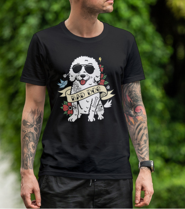 Bichon Frise Bad Dog With Sunglasses Tattoo And Flowers T-Shirt