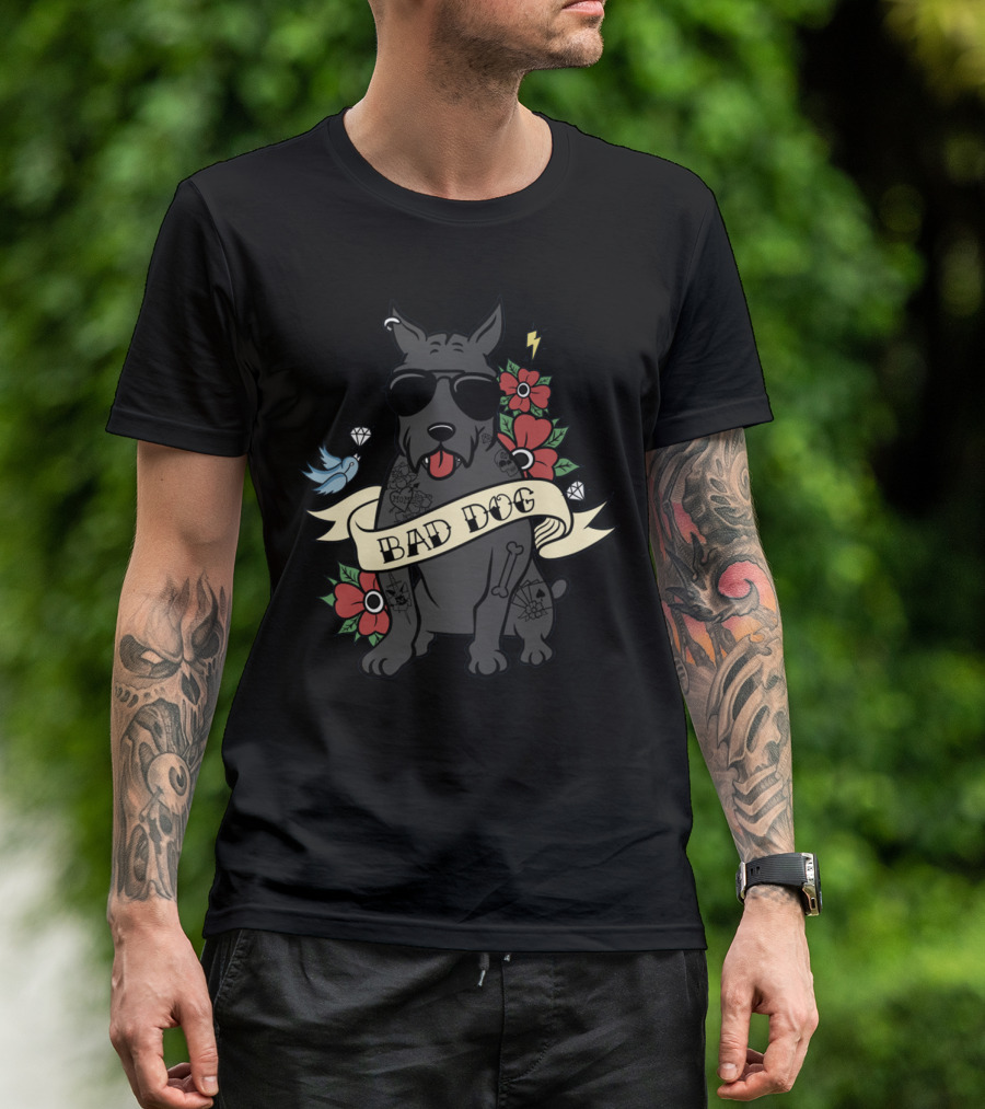 Cane Corso Bad Dog Sunglasses Tattoo Art With Flowers Lightning Bone Banner T-Shirt