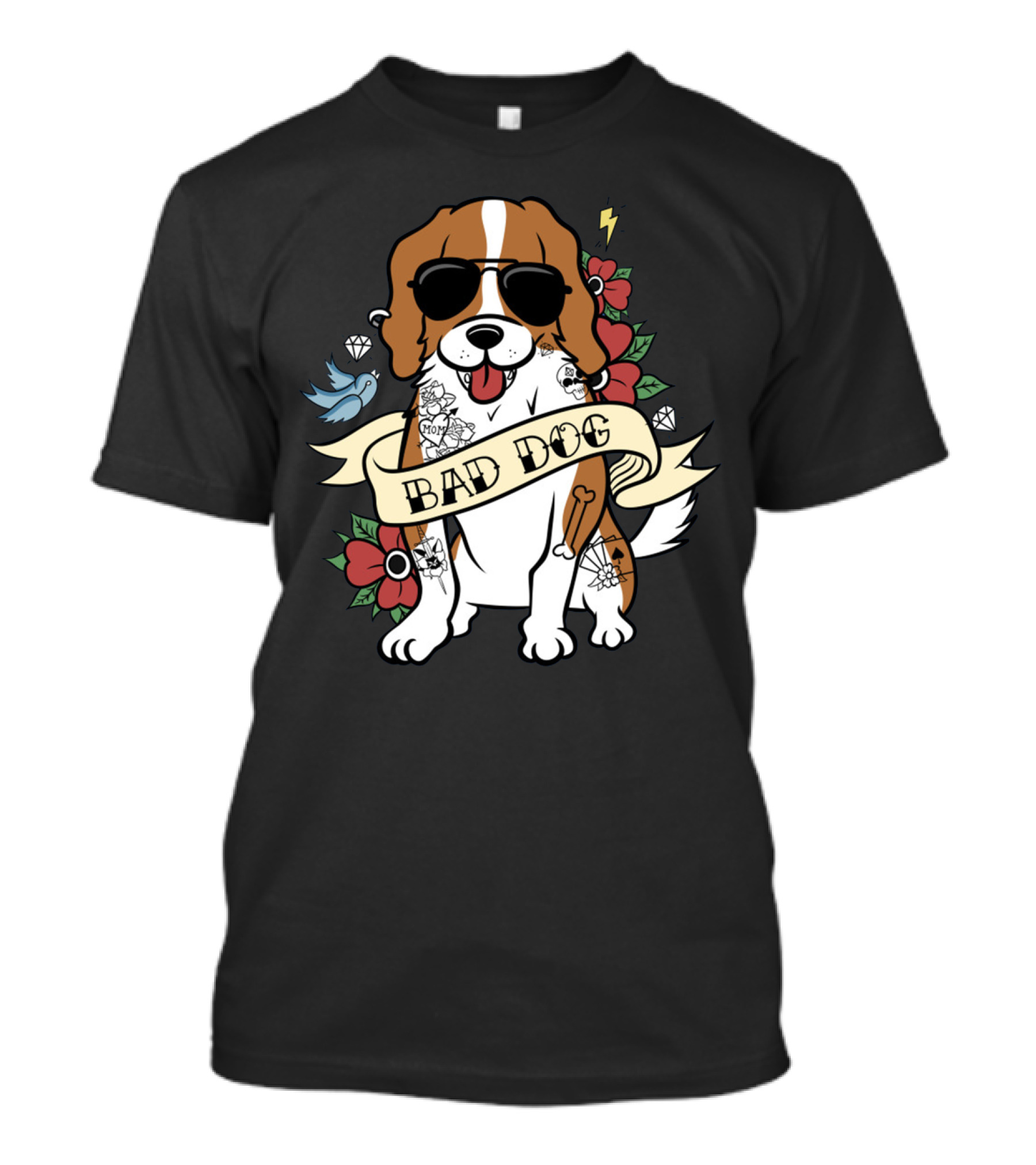 Cavalier Bad Dog With Tattoos And Sunglasses Surrounded By Flowers And Symbols T-Shirt