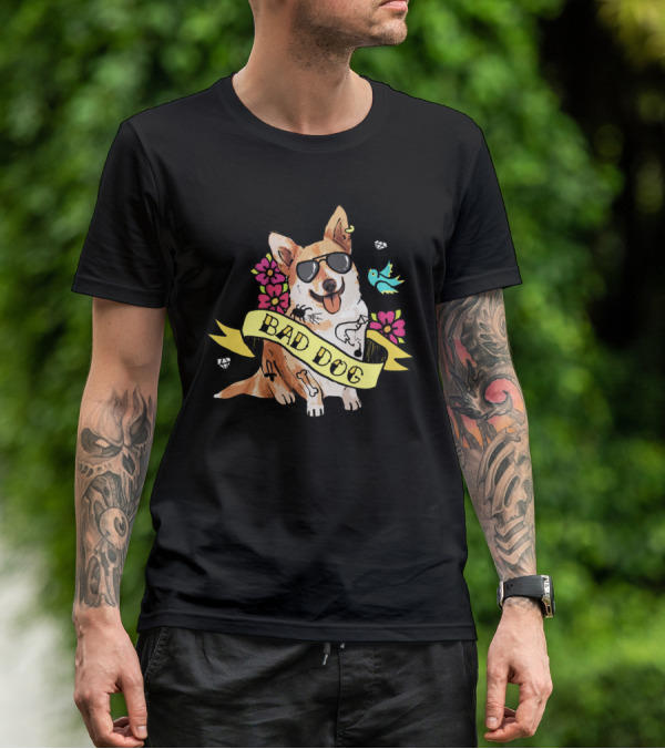BAD DOG CORGI WITH SUNGLASSES AND FLOWERS T-Shirt