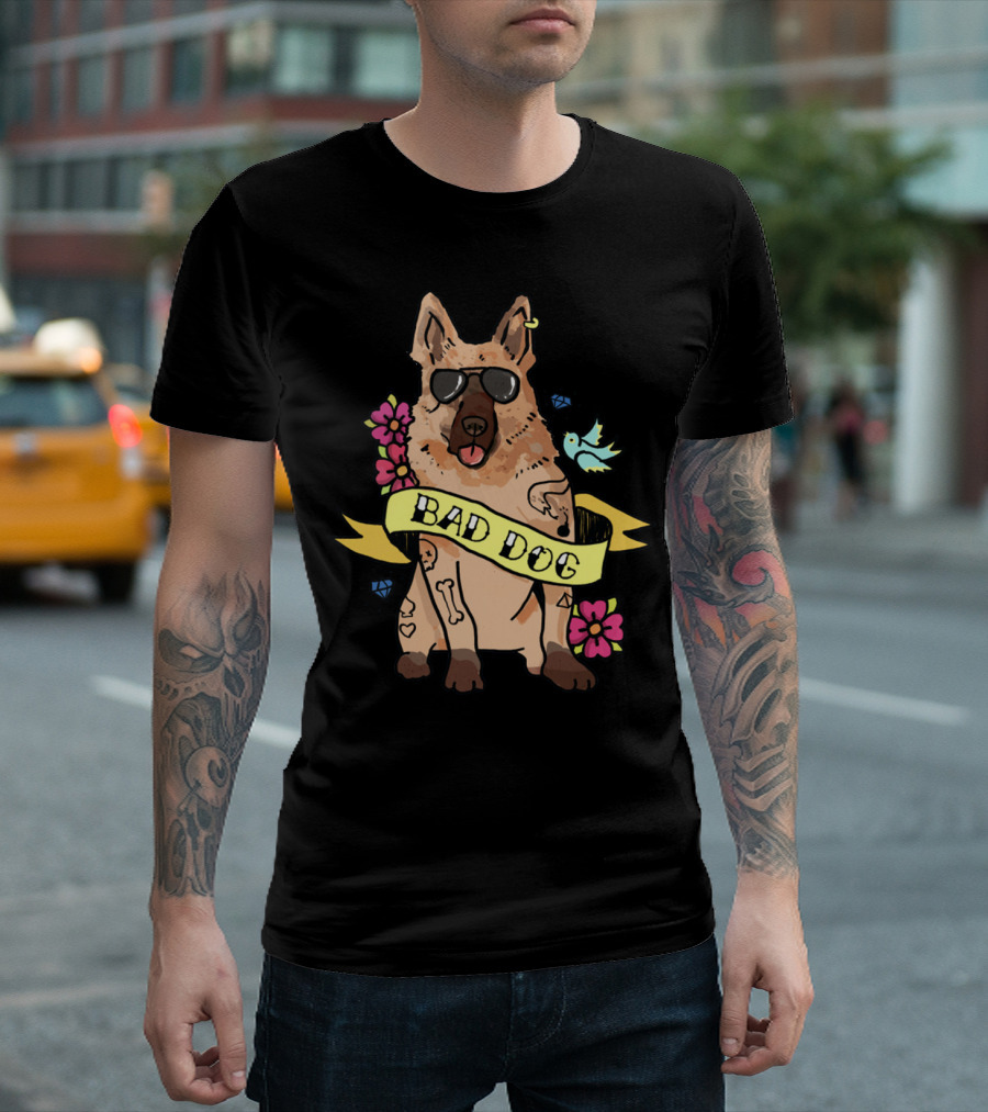 German Shepherd Bad Dog Cool Sunglasses Tattoo Style Flowers and Bird Banner T-Shirt