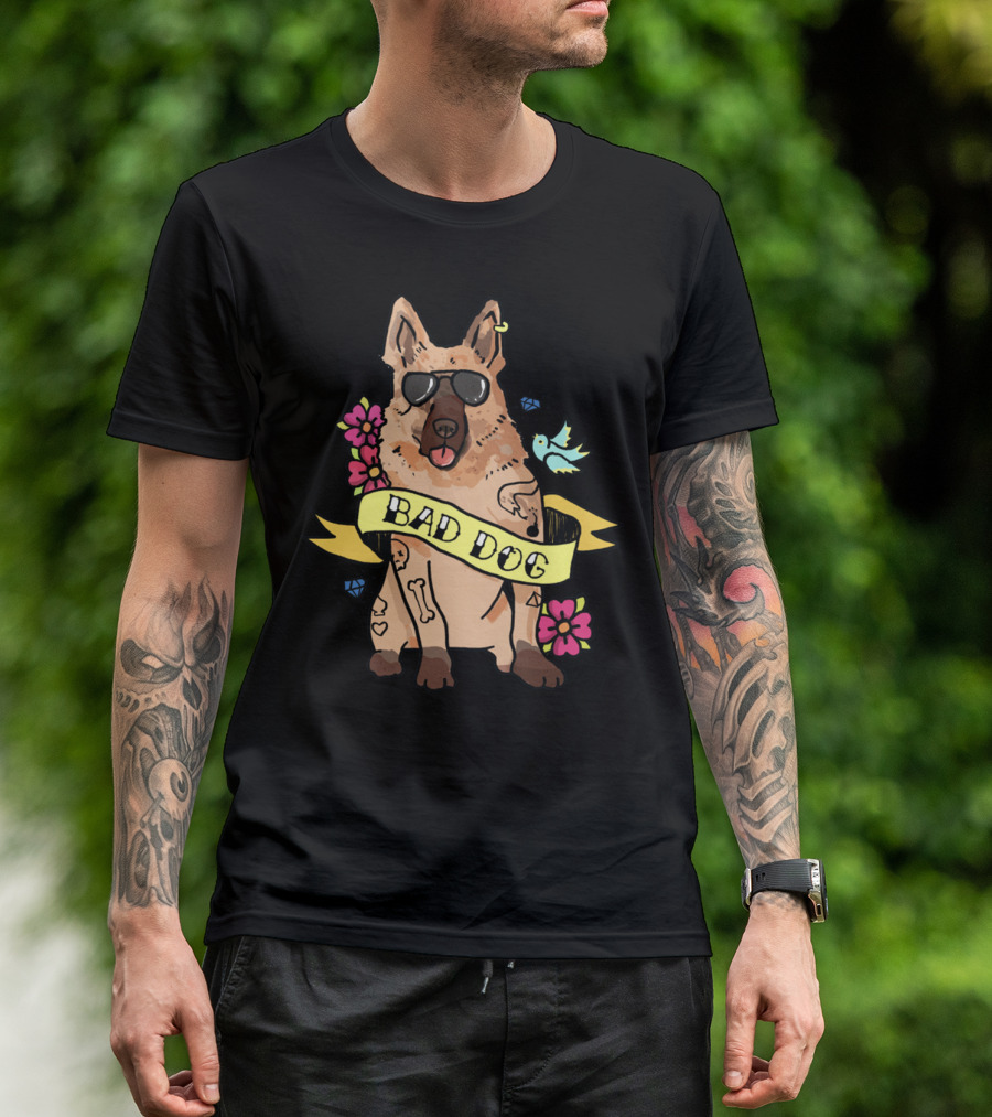 German Shepherd Bad Dog Cool Sunglasses Tattoo Style Flowers And Bird Banner T-Shirt