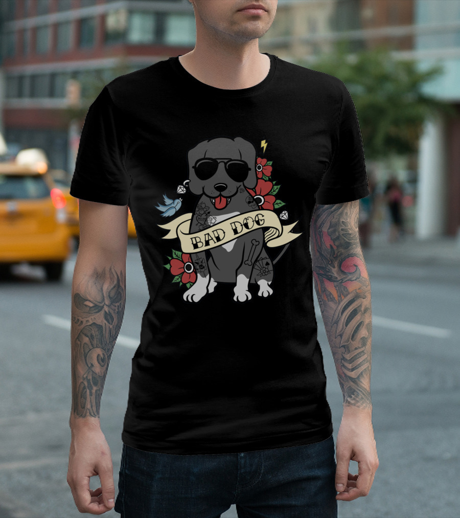 Great Dane Bad Dog Sunglasses Tattoo Flowers Bird Cartoon T-Shirt