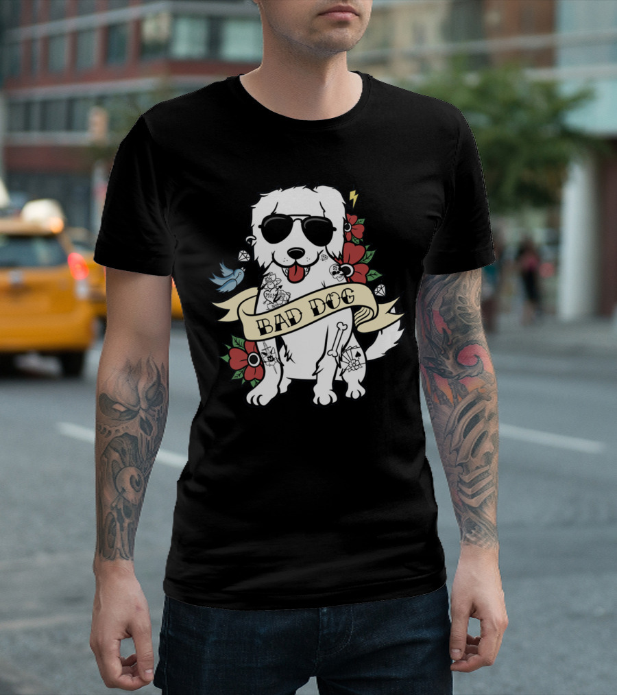 GREAT PYRENEES BAD DOG WITH SUNGLASSES AND TATTOO STYLE FLOWERS T-Shirt