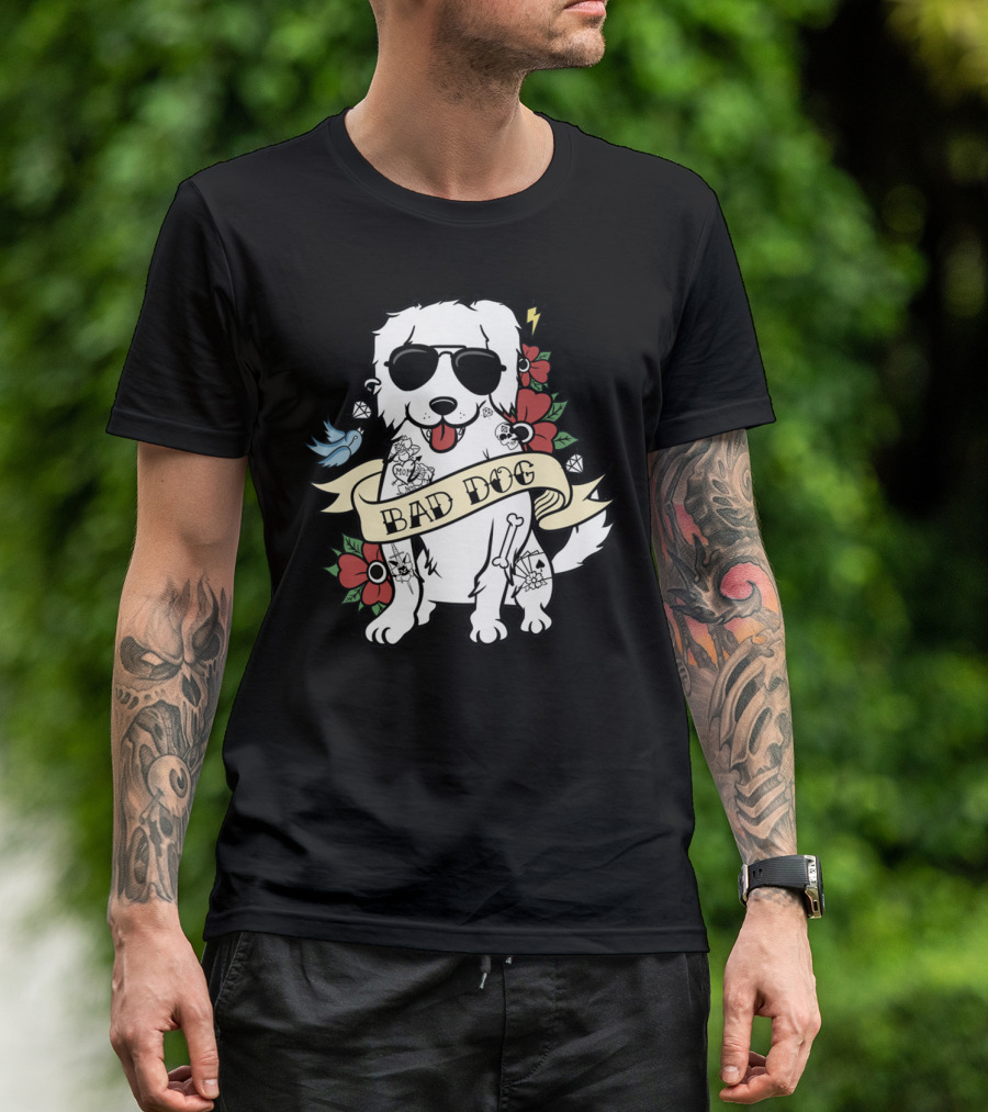 GREAT PYRENEES BAD DOG WITH SUNGLASSES AND TATTOO STYLE FLOWERS T-Shirt