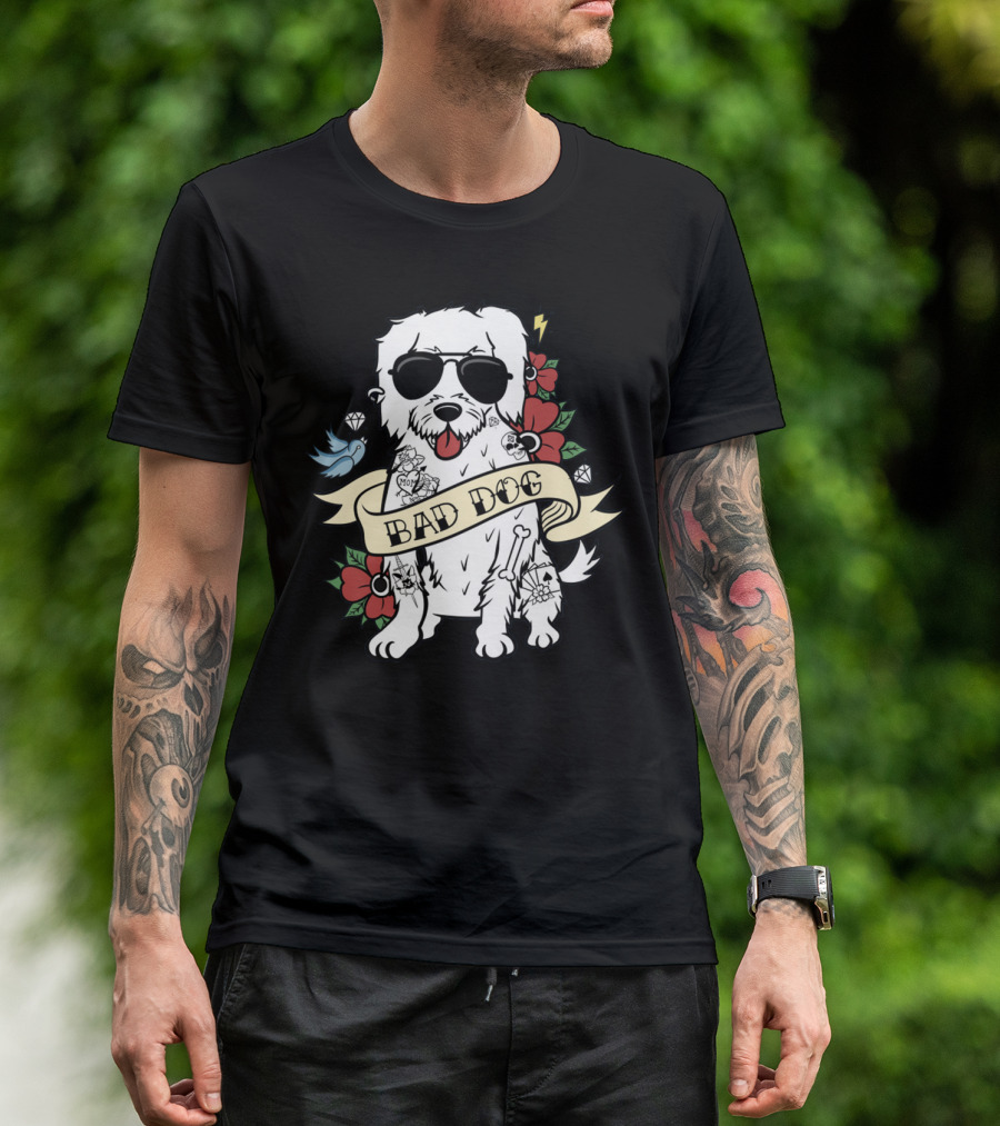 Maltese Bad Dog With Sunglasses And Tattoo Style Surrounded By Flowers And Diamonds T-Shirt