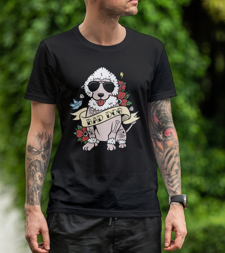 Poodle Bad Dog Wearing Sunglasses Tattoo Style With Lightning Flowers And Blue Bird T-Shirt