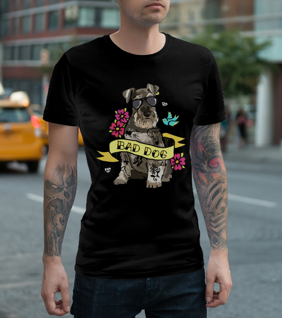 Schnauzer Bad Dog Tattoo Style With Flowers And Bird T-Shirt