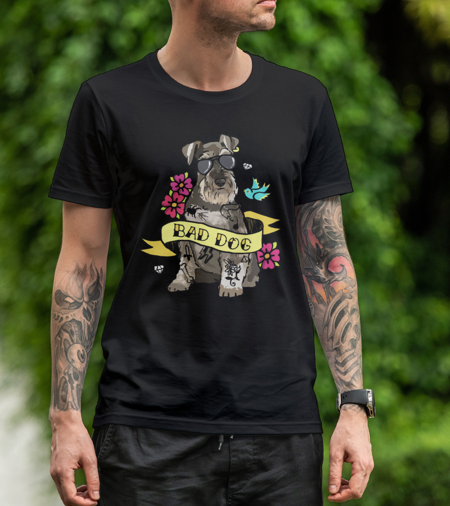 Schnauzer Bad Dog Tattoo Style With Flowers And Bird T-Shirt