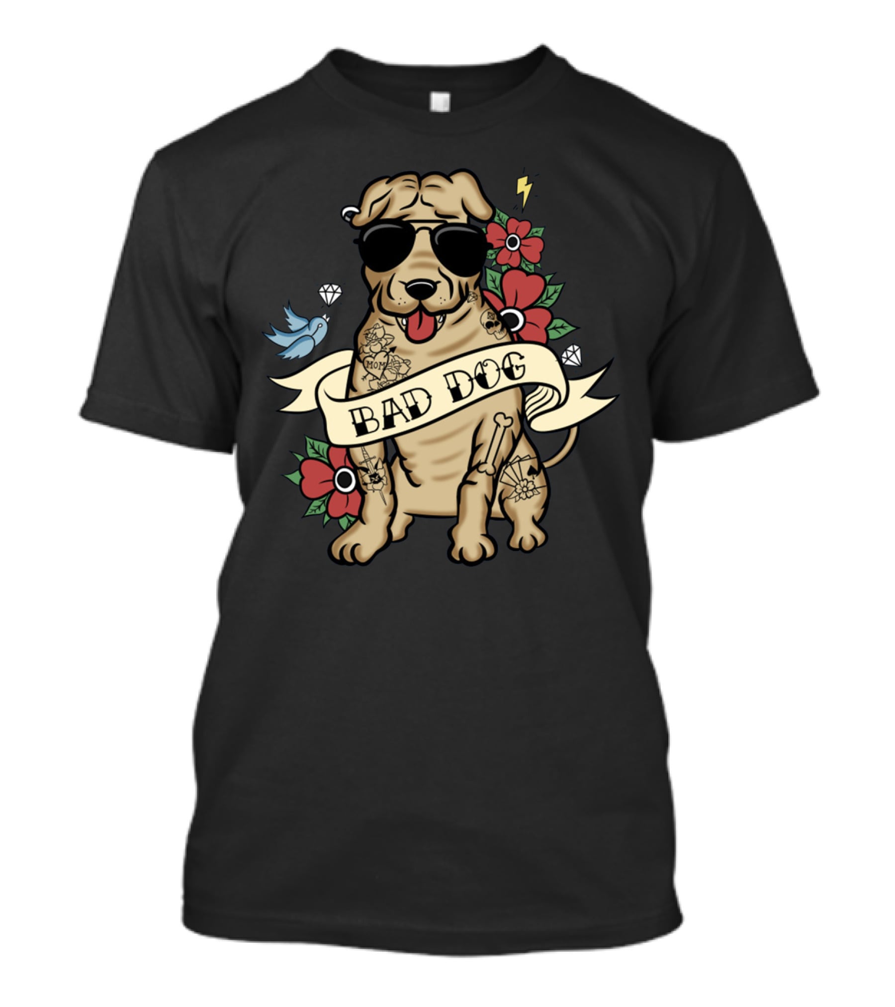 Shar Pei Bad Dog With Sunglasses Tattoos Flowers And Lightning T-Shirt