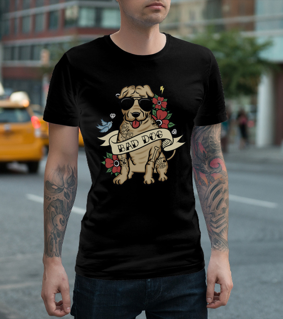 Shar Pei Bad Dog with Sunglasses Tattoos Flowers and Lightning T-Shirt