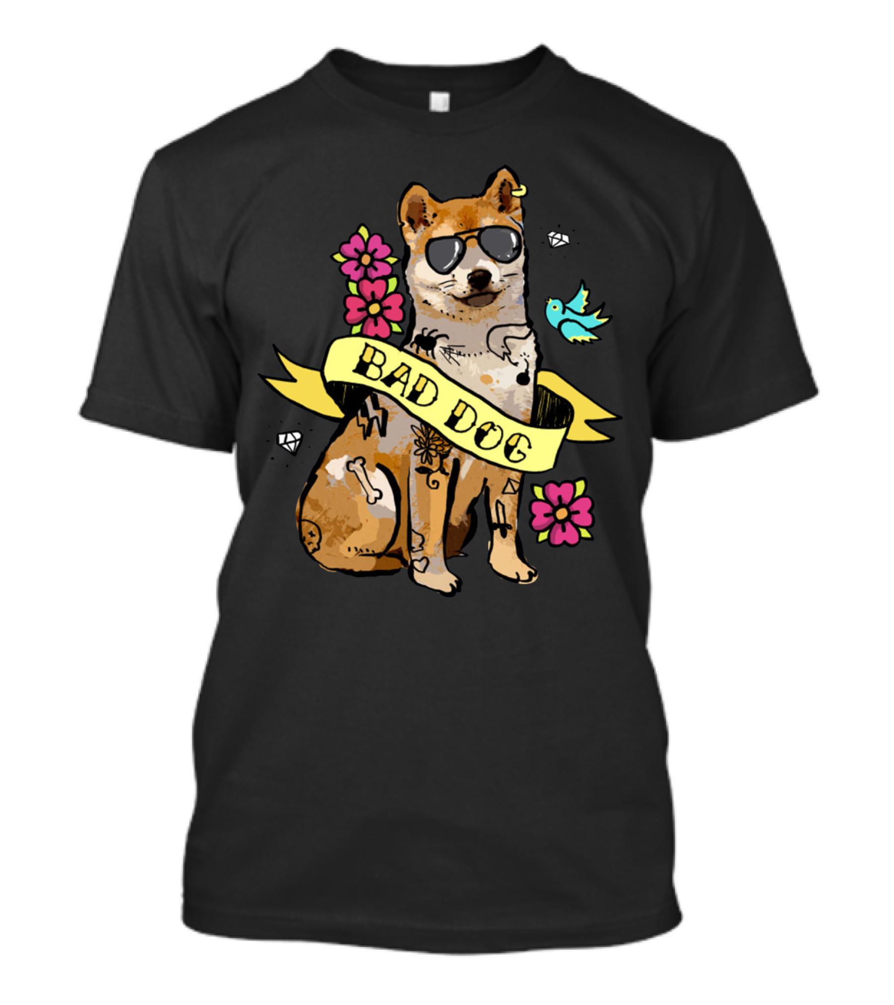 Shiba Inu Bad Dog With Sunglasses And Tattoos Ribbon Art Flowers Bird Diamond T-Shirt