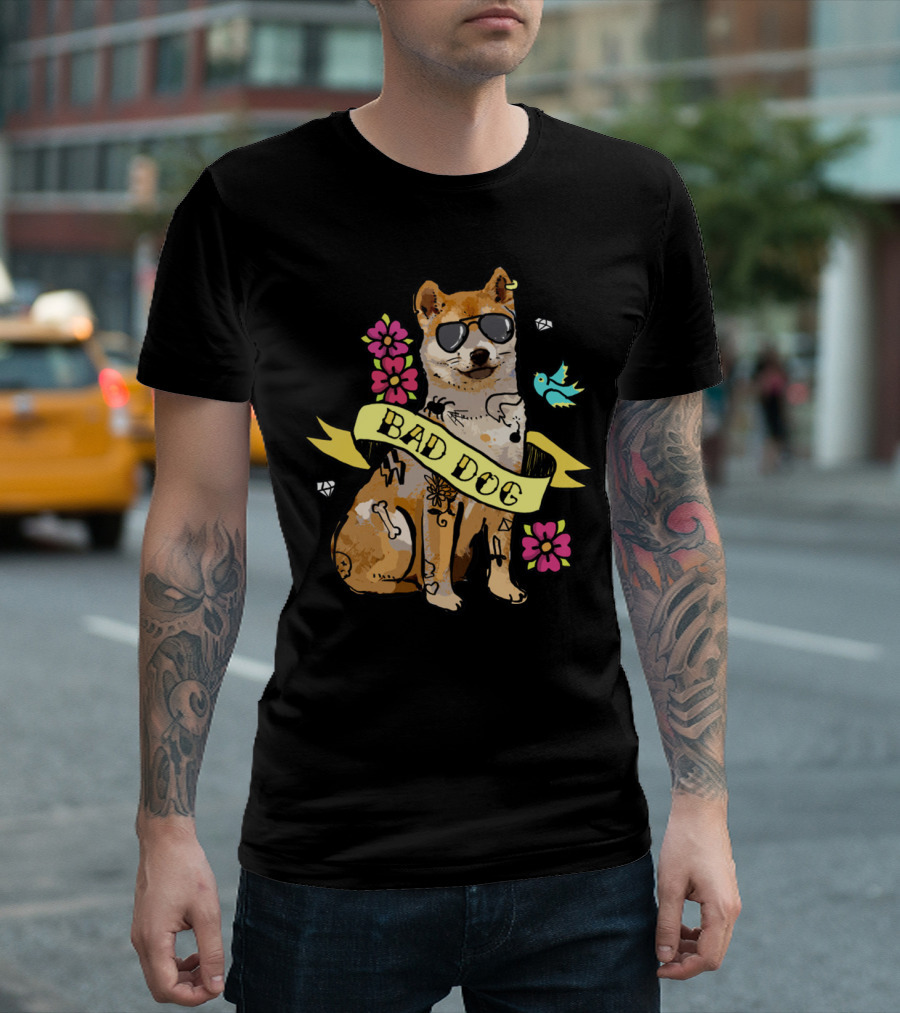Shiba Inu Bad Dog with Sunglasses and Tattoos Ribbon Art Flowers Bird Diamond T-Shirt